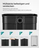 An instructional image showing how to attach and hide trash bags in a bin, followed by a final image of the bin. Produktbild-Vorschau