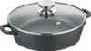 A close-up studio shot of a black frying pan with a glass lid and silver handles, set against a white background. Produktbild-Vorschau