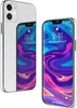 Two iPhones are shown, one behind the other, with the front-facing view of the phone on the right and the back-facing view of the phone on the left. Both phones display a colorful wallpaper.