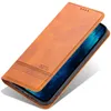 A brown leather flip case for a smartphone, shown at an angle with the phone screen visible. Produktbild-Vorschau