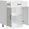A white kitchen base cabinet with one drawer and two doors, showing the interior shelves. Produktbild-Vorschau
