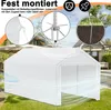 A white tent structure is shown in a grassy outdoor setting, with close-up insets highlighting its assembly features. Náhled obrázku produktu