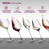 A row of Riedel wine glasses filled with different colored wines, with text describing their features. Podgląd zdjęcia produktu