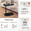 A C-shaped side table next to a sofa, with diagrams illustrating its placement and features. Produktbild-Vorschau