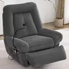 A gray corduroy recliner chair with the footrest extended, showing a side pocket with a phone and a flexible arm with a clamp attached to the backrest. Produktbild-Vorschau