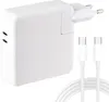 A white power adapter with two USB-C ports and two white USB-C cables are shown against a white background. Produktbild-Vorschau