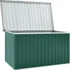 A green outdoor storage box with its lid open, shown against a white background. Produktbild-Vorschau