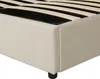 A close-up view of the corner of a beige upholstered bed frame with wooden slats visible. Produktbild-Vorschau