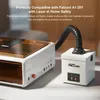 A laser engraver and a smoke purifier are shown on a table, connected by a hose. Produktbild-Vorschau