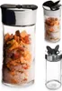 A collage of three images showing a glass spice jar with a silver and black lid, filled with spices and salt, and an empty jar. Produktbild-Vorschau