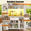 A kitchen cabinet with its doors open, displaying various kitchen items and features, with text overlays highlighting its storage and design. Anteprima dell’immagine prodotto