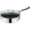 A stainless steel frying pan with a glass lid and a black handle, shown from a side angle against a white background. Produktbild-Vorschau