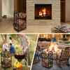 A collage showing a metal firewood rack with tools next to a fireplace indoors, and another rack with firewood next to an outdoor fire pit. Podgląd zdjęcia produktu