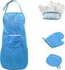 A set of children's cooking and baking accessories, including an apron, chef's hat, oven mitt, and pot holder, all featuring a blue and white polka dot pattern. Voir les images du produit