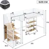 A diagram showing the dimensions of a loft bed with shelves and stairs. Podgląd zdjęcia produktu
