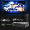 A television displaying a grid of images, a satellite receiver, a remote control, and marketing text. Produktbild-Vorschau