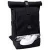 A black roll-top backpack with a white sneaker in the bottom compartment. Anteprima dell’immagine prodotto