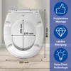 A white toilet seat is shown with dimensions and feature callouts on a light gray background. Produktbild-Vorschau