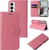 Collage of product images showing a pink floral butterfly embossed flip phone case for a Samsung Galaxy A35 5G. Produktbild-Vorschau