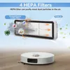 A vacuum filter is shown with animated particles being filtered and a robot vacuum cleaner is visible below. Voir les images du produit