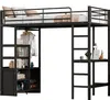A black metal loft bed with integrated storage, desk, and wardrobe elements, set against a white background. Podgląd zdjęcia produktu