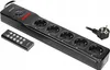 A black power strip with five outlets and a remote control, shown on a white background. Produktbild-Vorschau