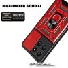 A red and black phone case with a ring holder and camera cover is shown against a white background. Produktbild-Vorschau