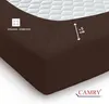 A close-up view of a brown fitted sheet on a mattress. Produktbild-Vorschau
