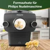 A black Philips pasta maker attachment with pasta being extruded, placed on a wooden table with a pile of fusilli pasta. Produktbild-Vorschau