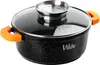A black pot with orange handles and a glass lid, shown from a diagonal angle on a white background. Voir les images du produit