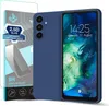 A blue smartphone case and screen protector are displayed against a white background. Produktbild-Vorschau