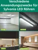 Collage showing different applications for Sylvania LED tubes: garage, parking garage, kitchen, and bathroom. Produktbild-Vorschau
