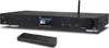 A black internet radio with a remote control in front of it, set against a white background. Produktbild-Vorschau