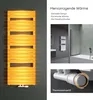 Collage of a bathroom radiator, a bathroom scene, and a close-up of a thermostat valve. Produktbild-Vorschau