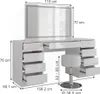 A white vanity table with a large LED mirror and a white stool, with dimensions indicated. Náhled obrázku produktu
