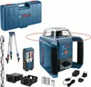 A Bosch laser level kit is displayed against a white background, including the laser level, a tripod, a measuring rod, a receiver, batteries, chargers, and a carrying case. Produktbild-Vorschau