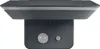 A close-up, top-down view of a dark gray outdoor LED light fixture with a solar panel and motion sensor. Produktbild-Vorschau