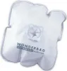 A white vacuum cleaner bag with a plastic valve in the center and text printed on it. Produktbild-Vorschau