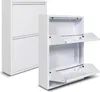 Two white metal shoe cabinets are shown against a white background. One cabinet is closed and shows two doors. The other cabinet is open, revealing two flip-down compartments. Podgląd zdjęcia produktu