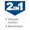 A marketing graphic with the text "2IN1" and checkmarks next to "Schraubfunktion" and "Bohrfunktion". Produktbild-Vorschau