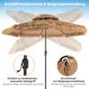 A diagram showing the features of a straw umbrella, with text explaining its crank mechanism and tilt adjustment. Podgląd zdjęcia produktu