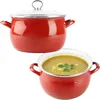 A red enamel pot with a glass lid is shown above a red enamel pot filled with soup. Náhľad obrázku produktu