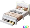 A white bed with a tufted headboard and LED lighting, shown with bedding and pillows, and storage drawers underneath. Produktbild-Vorschau