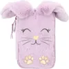 A fluffy purple bunny-shaped pencil case is shown against a white background.