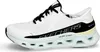 A side view of a single white Skechers sneaker with black and light blue accents. Voir les images du produit