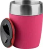 A pink travel mug with a silver top and a detached black lid with a red seal. Anteprima dell’immagine prodotto