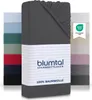 A stack of folded fitted sheets in various colors, with one sheet prominently displayed in the foreground, showing the brand logo and product details. Produktbild-Vorschau