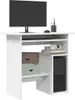 A white desk with a computer monitor, keyboard, mouse, headphones, and storage boxes. Voir les images du produit