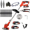 A collection of gardening tools and accessories, including a cordless trimmer, batteries, blades, safety glasses, gloves, and pruning shears, arranged on a white background. Produktbild-Vorschau