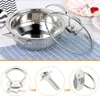 A collage showing a stainless steel pot lid knob and its assembly components, along with a close-up of a pot with a glass lid. Produktbild-Vorschau